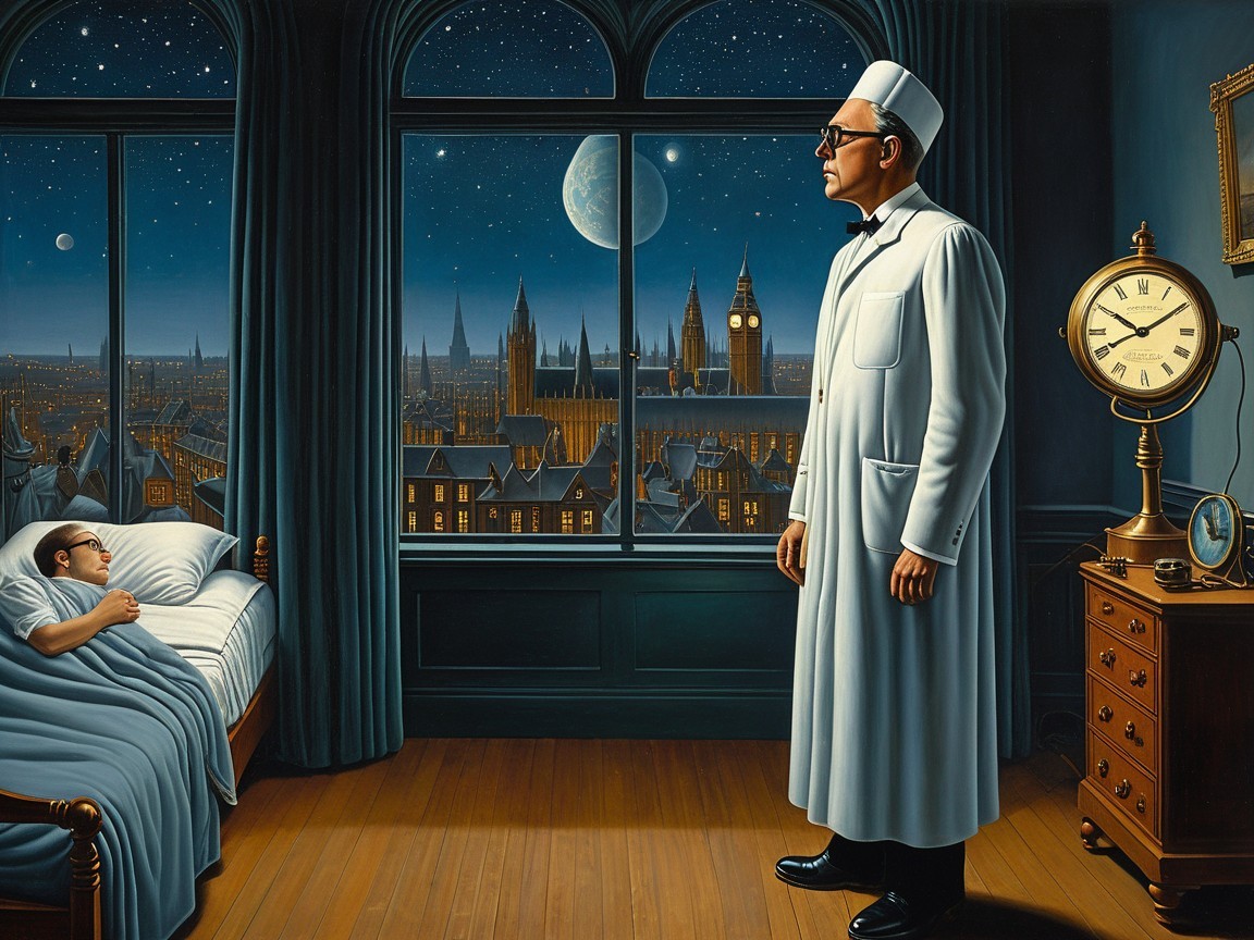 Man in Lab Coat in Dimly Lit Room with City View