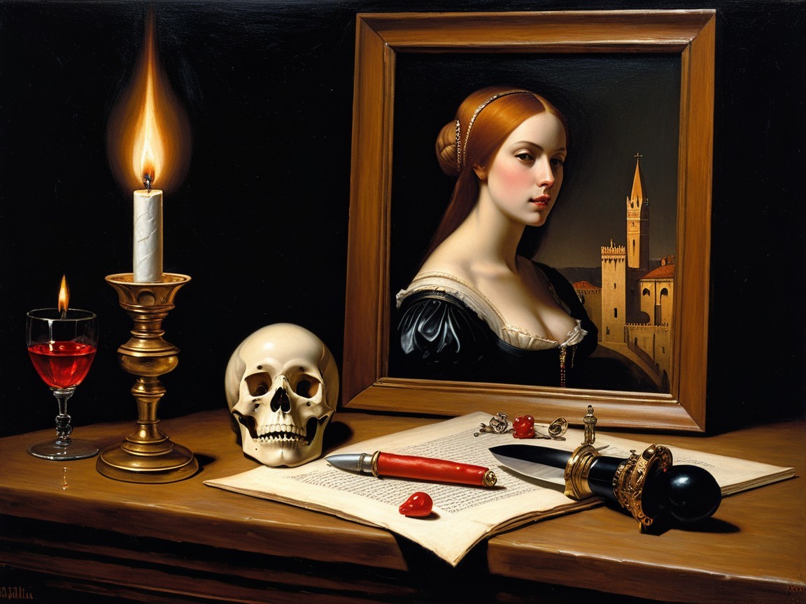Classic Still Life with Candle, Skull, and Gem Elements