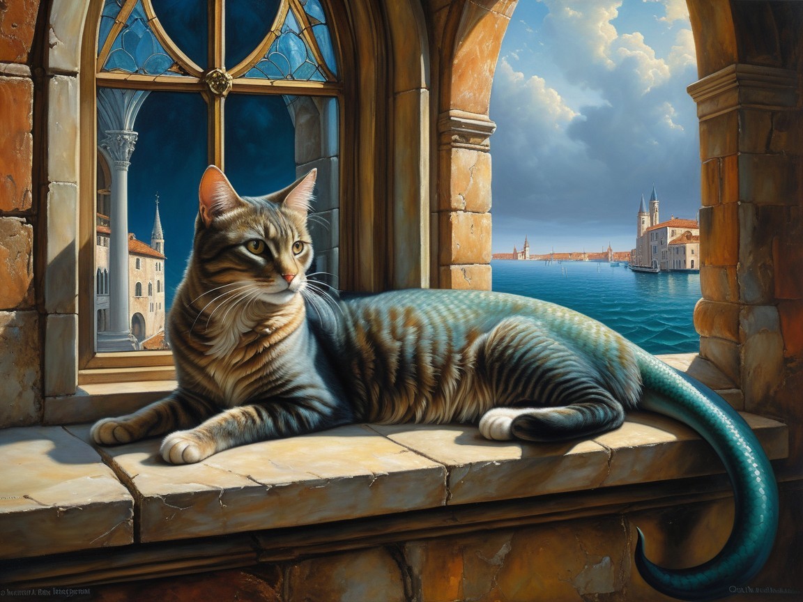 Tabby Cat on Windowsill Overlooking Waterfront Scene