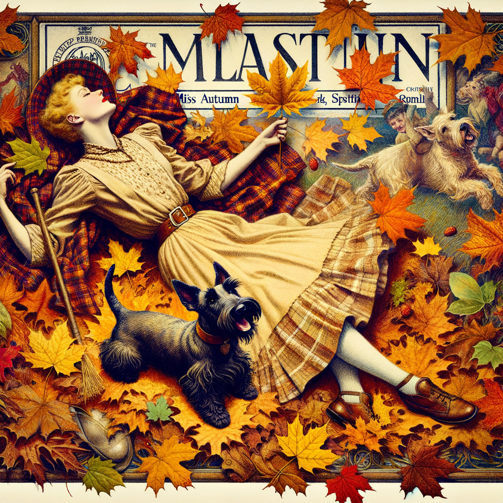 Vintage Illustration of Woman Among Autumn Leaves