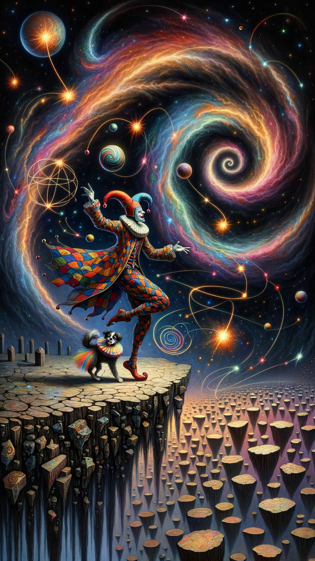 Whimsical Jester and Cat in Cosmic Landscape