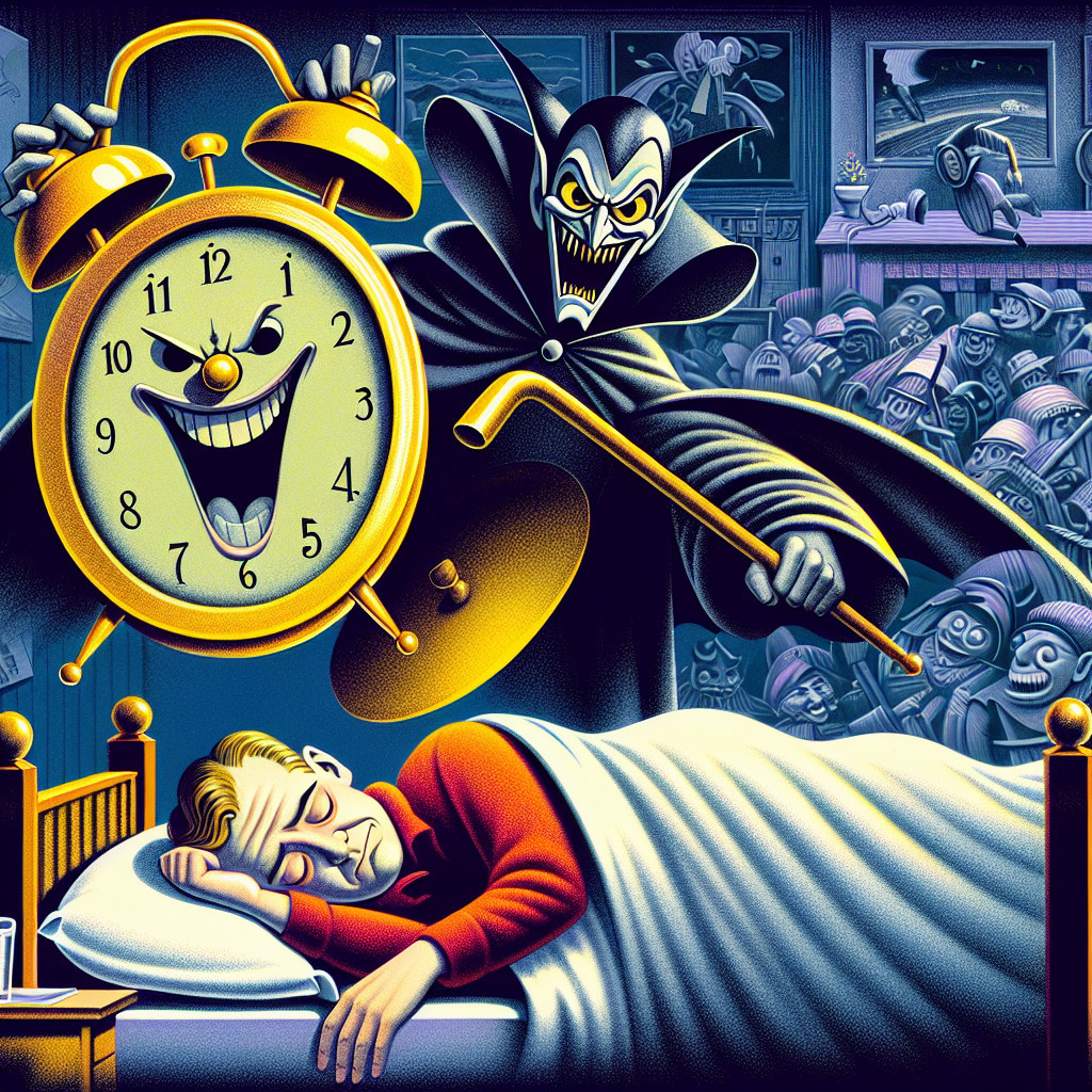 Sinister Figure with Alarm Clock in Dreamlike Scene