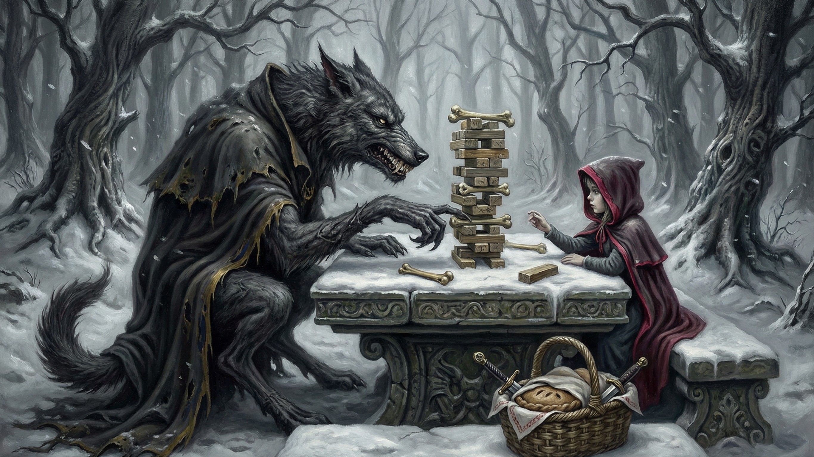 Fantasy Art of Werewolf and Little Red Riding Hood