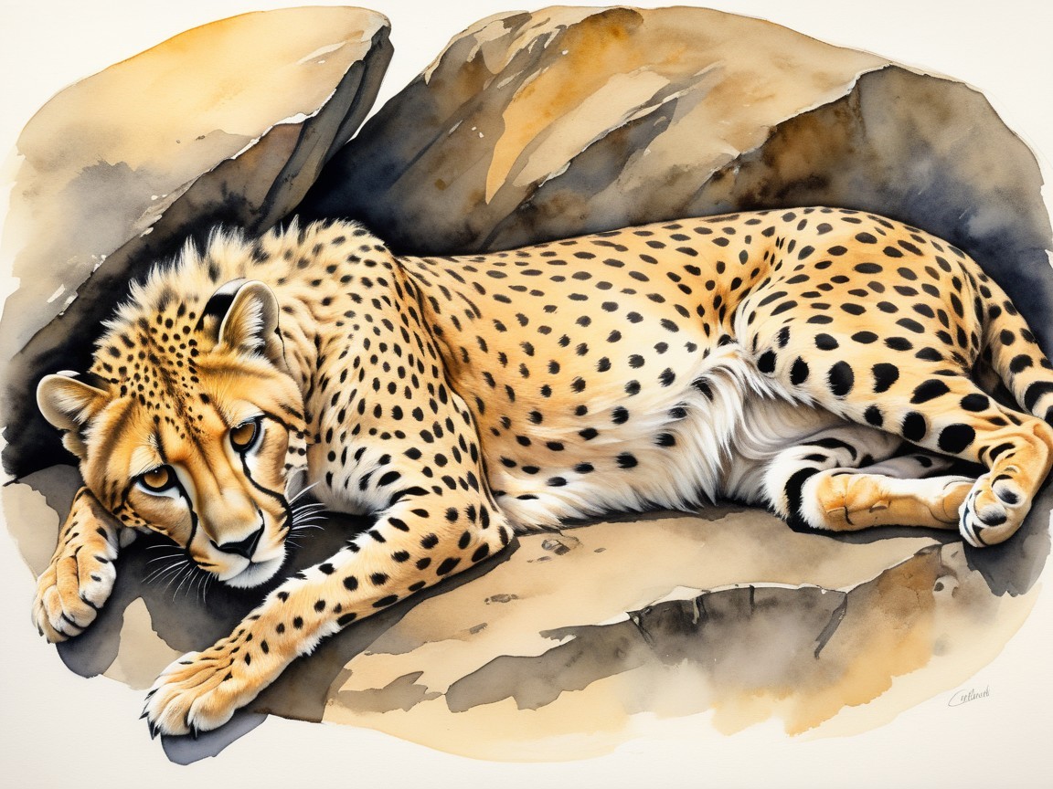 Watercolor Painting of a Resting Cheetah on Rocks