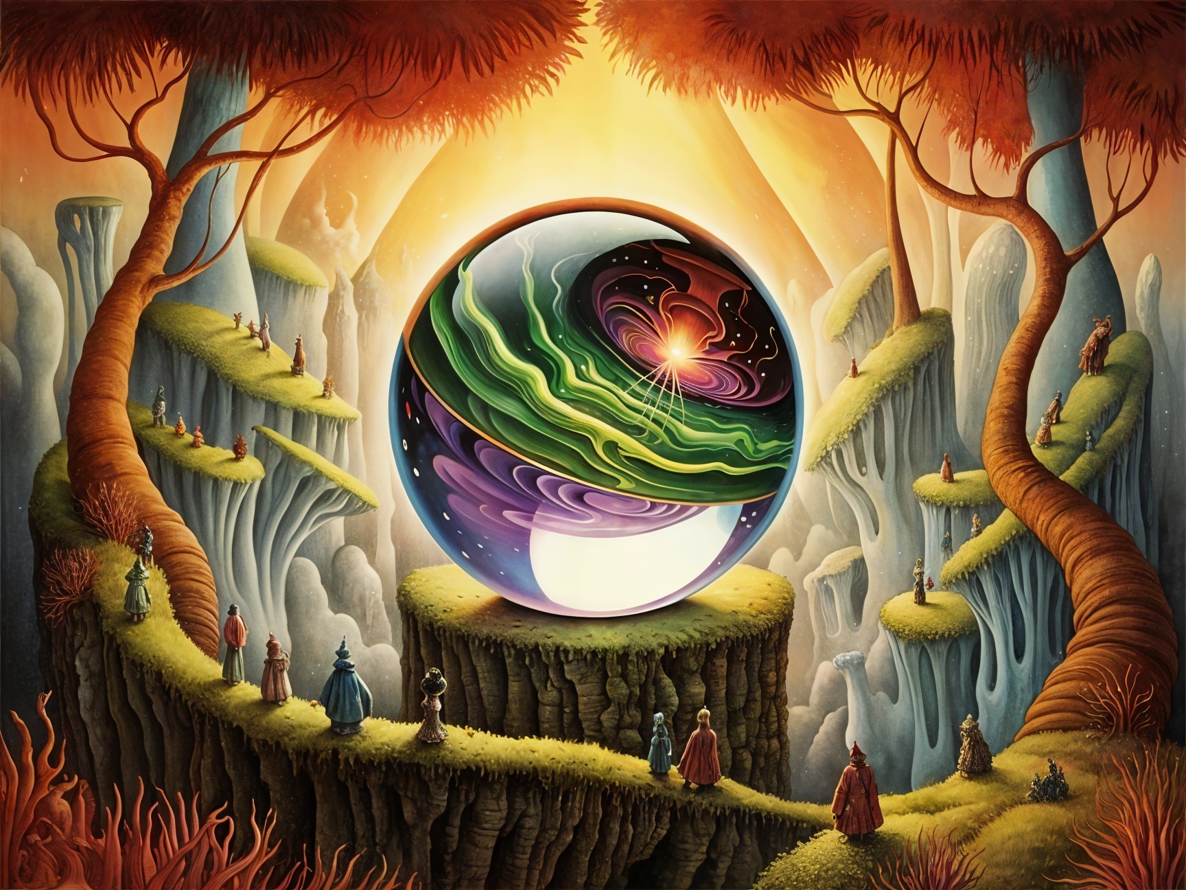 Surreal Landscape with Radiant Orb and Ethereal Trees