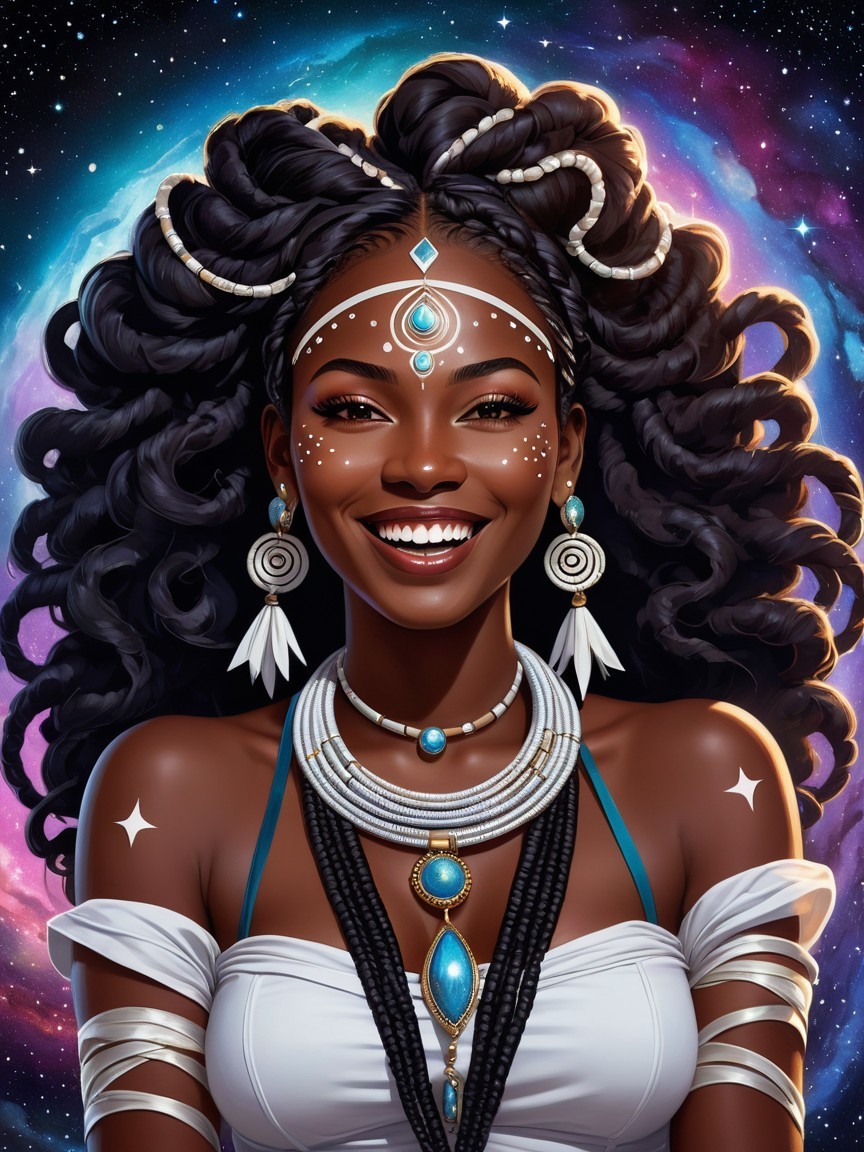Radiant Young Woman with Curls and Cosmic Background