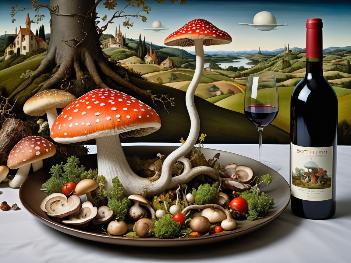 Oversized Mushrooms and Wine in Surreal Landscape