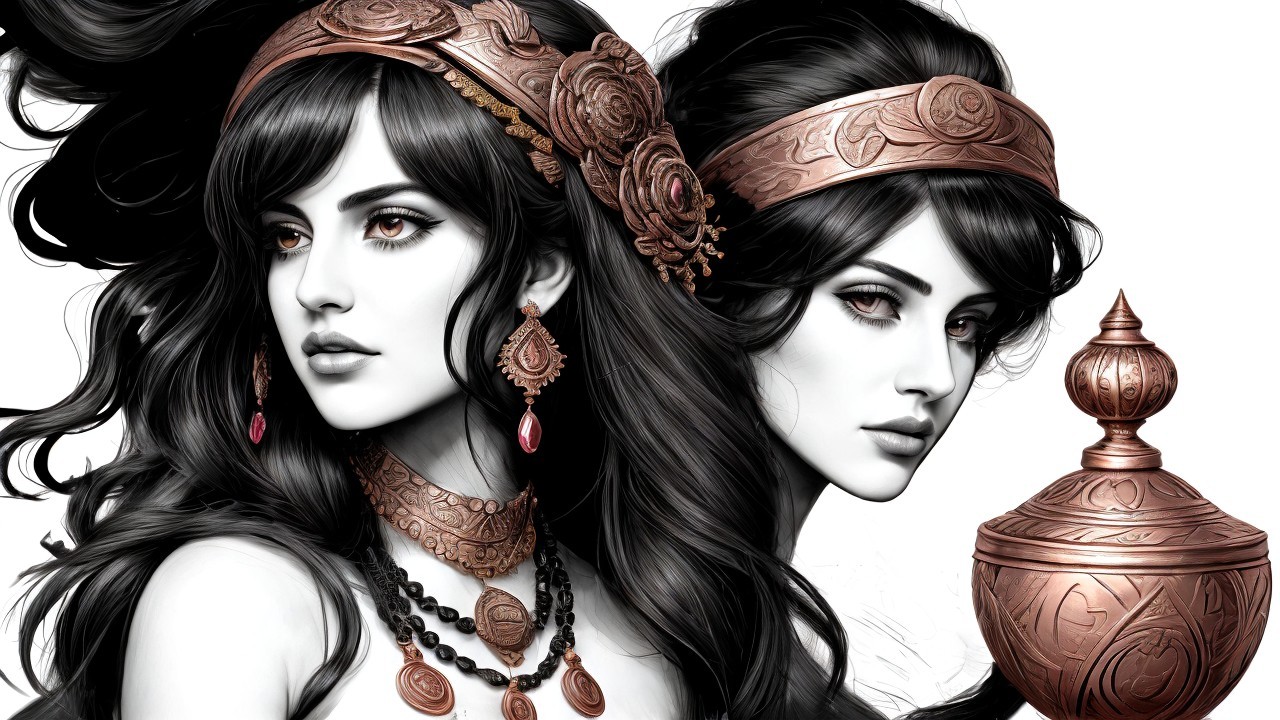 Elegant Women with Black Hair and Bronze Accessories