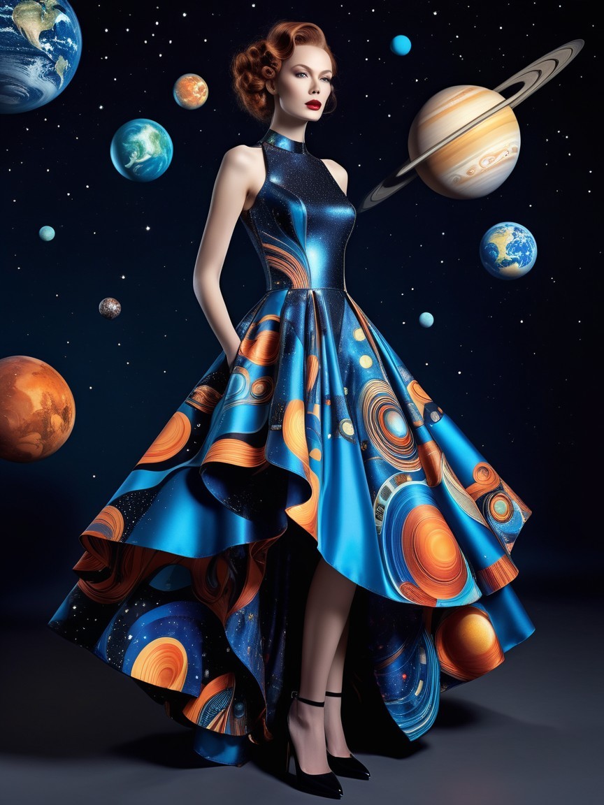 High-Low Gown with Cosmic Print and Dramatic Silhouette