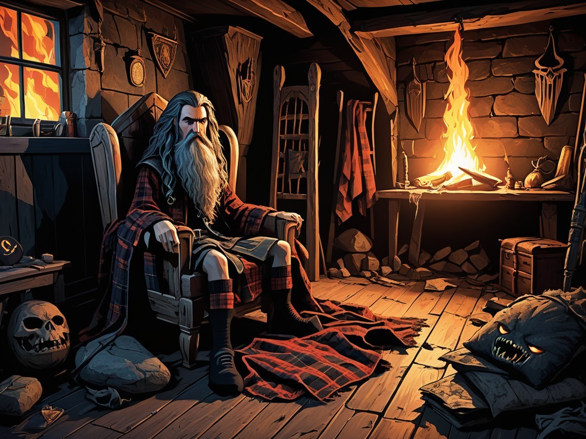 Old Man in Tartan Blanket by Fire in Rustic Room