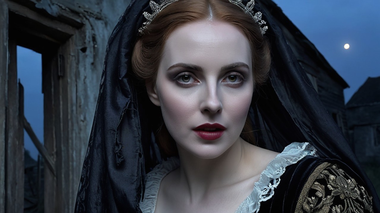 Portrait of a woman in a black gown with a crown