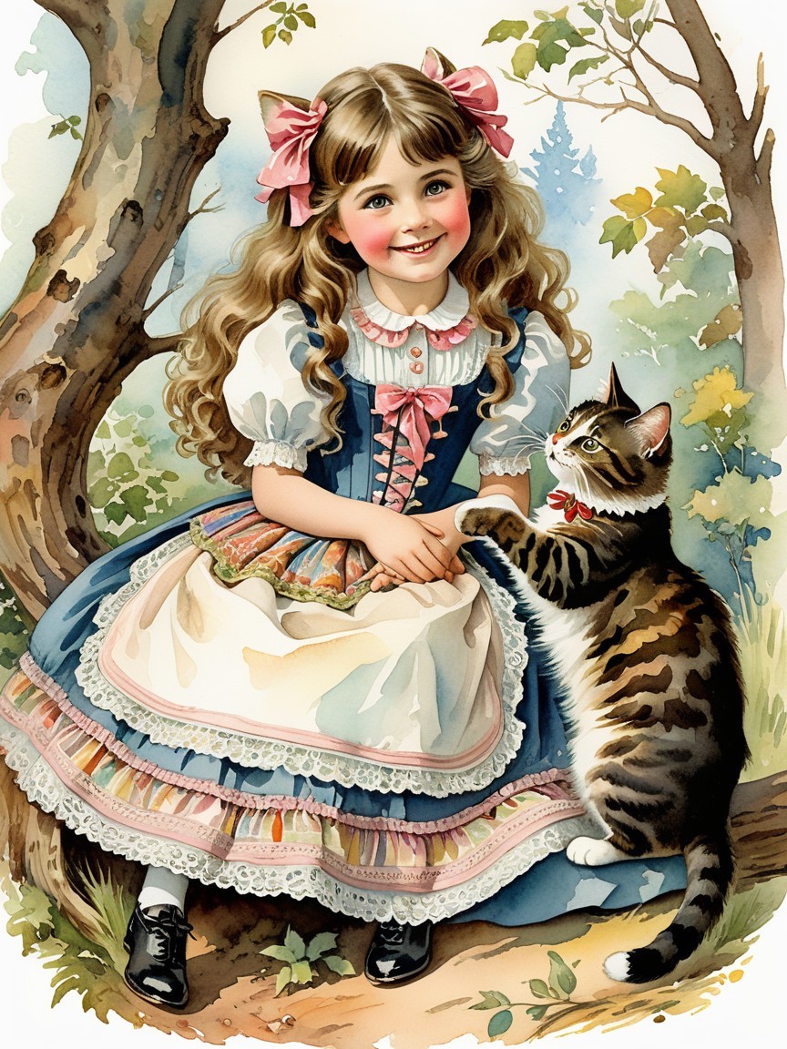 Illustration of a girl with a cat in a lush setting