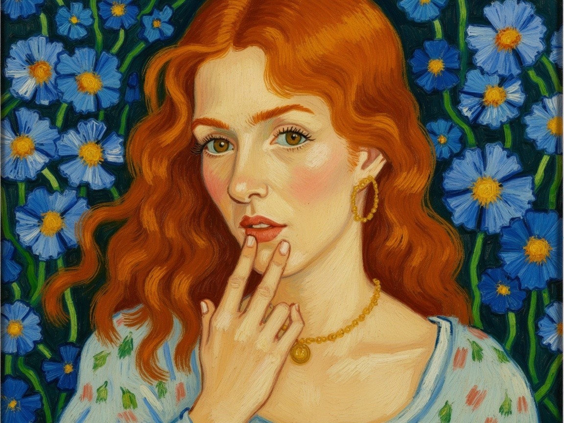 Young woman with red hair in floral dress and blue flowers