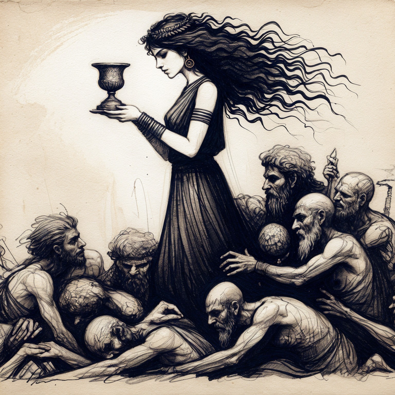 Mysterious Woman in Black Gown with Chalice and Figures