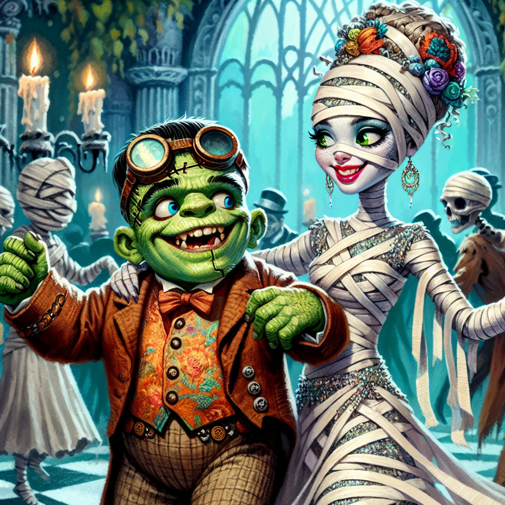 Whimsical Halloween Scene of Monster and Mummy Dancing