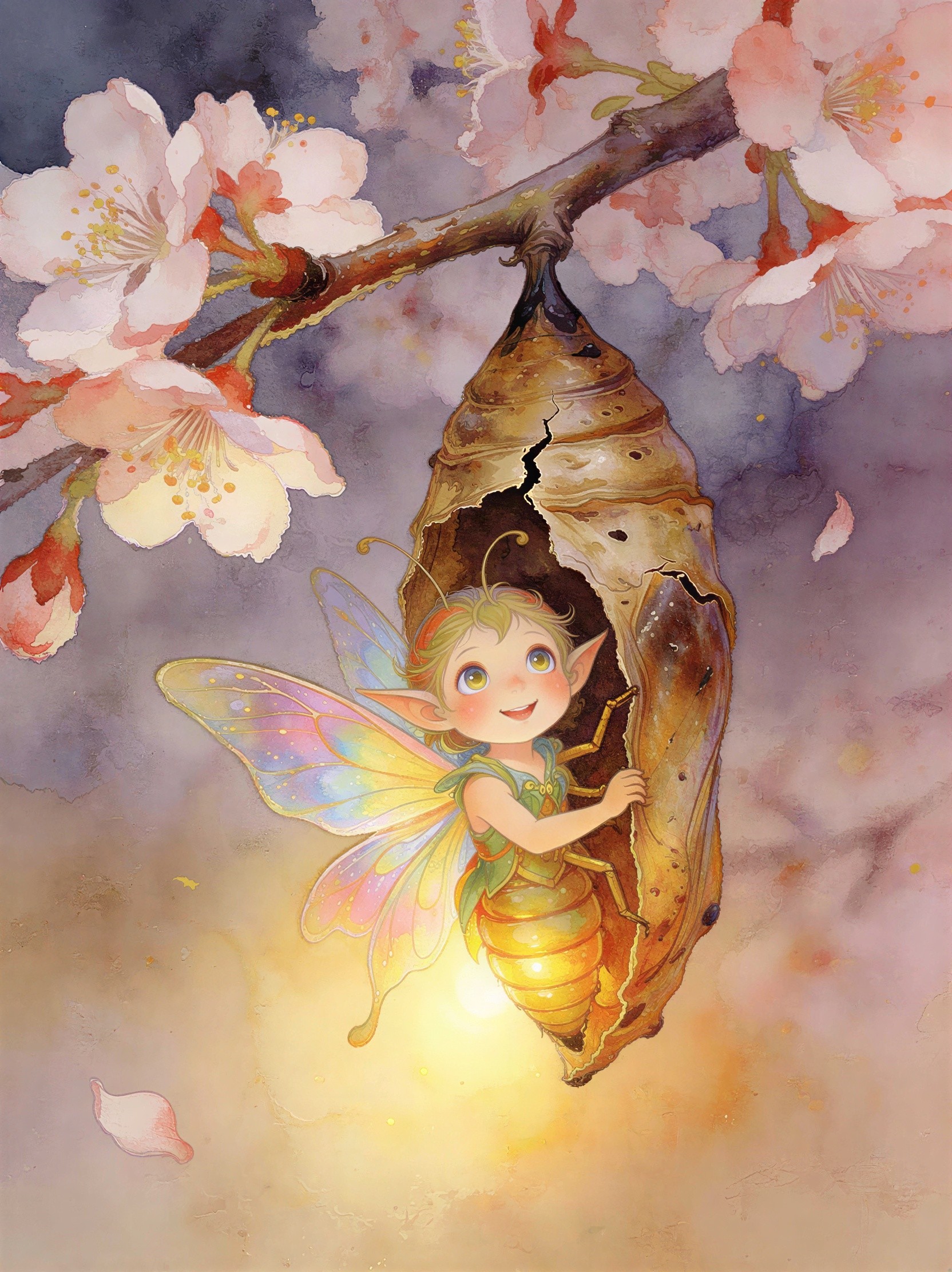 Whimsical Watercolor of Creature Emerging from Chrysalis