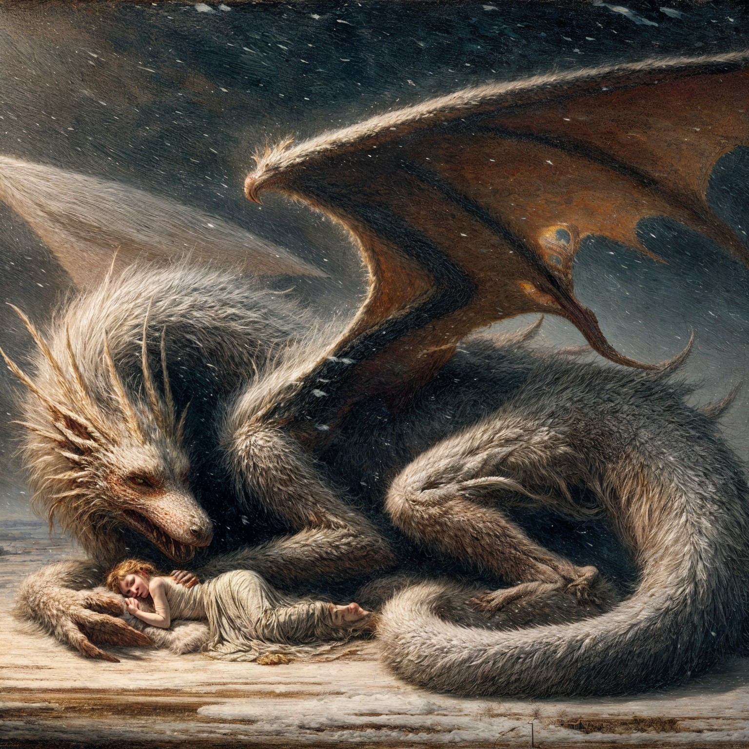 Dragon Guarding Sleeping Figure in Snowy Landscape
