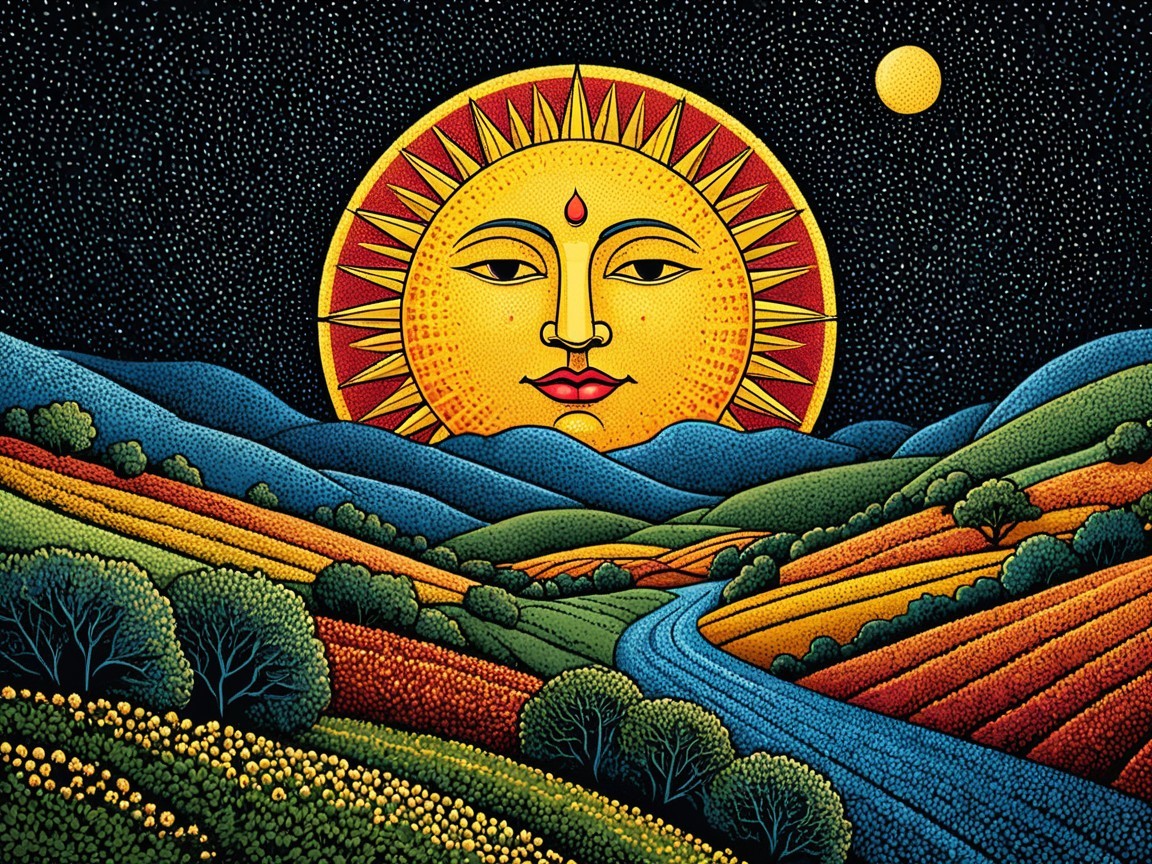 Vibrant Landscape with Sun, Moon, and Rolling Hills