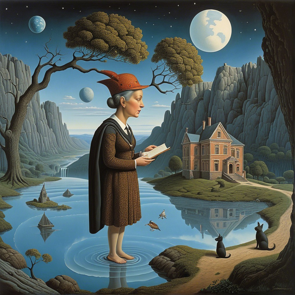 Young girl reading by a tranquil lake with mountains