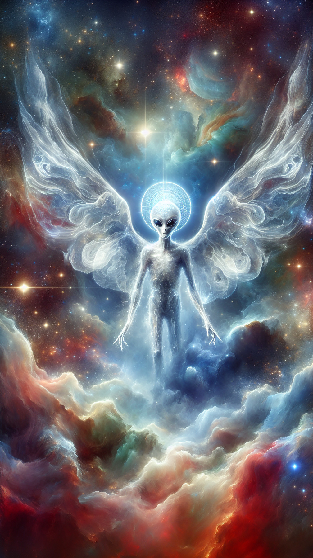 Celestial Being in Cosmic Nebula with Translucent Wings