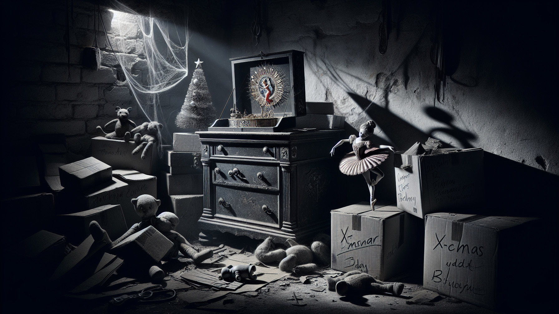 Cluttered Basement with Nostalgic Decor and Shadows