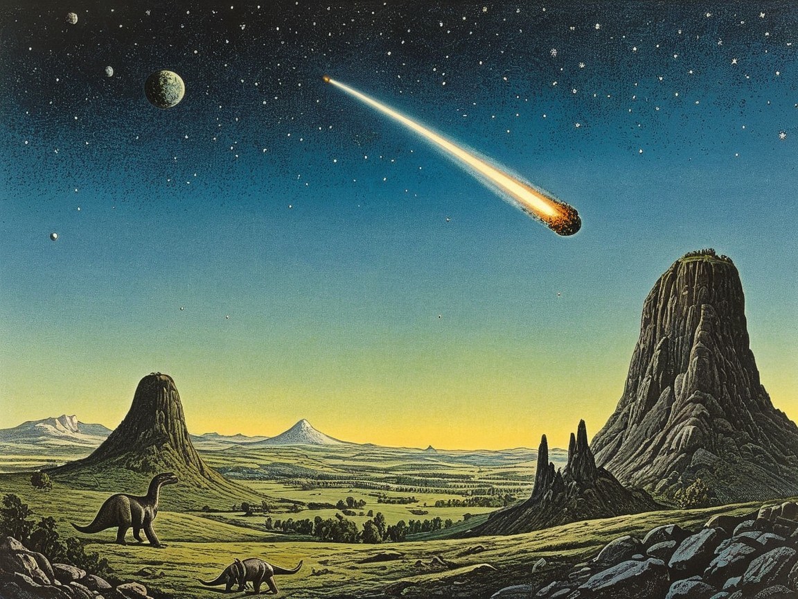 Dinosaurs Grazing Under a Starry Sky with Comet