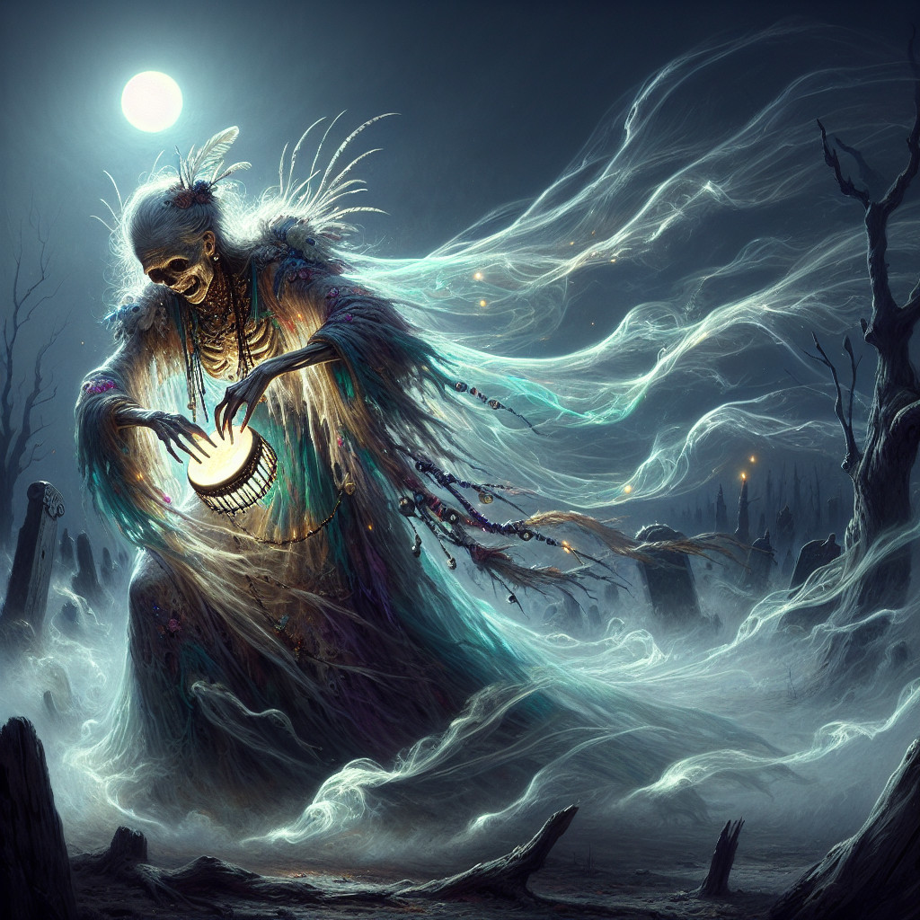 Spectral Skeleton Playing Drum in Moonlit Graveyard
