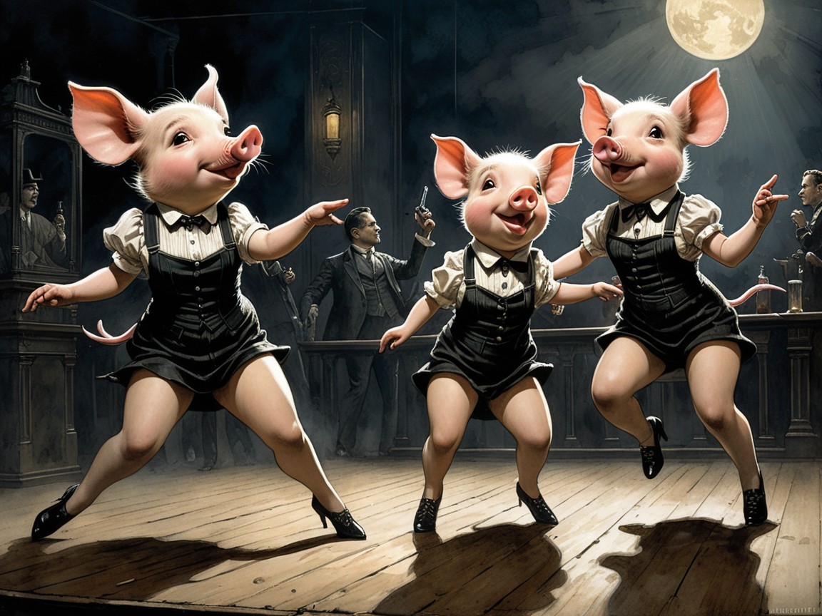 Anthropomorphic Pigs Dancing on Stage Under Moonlight