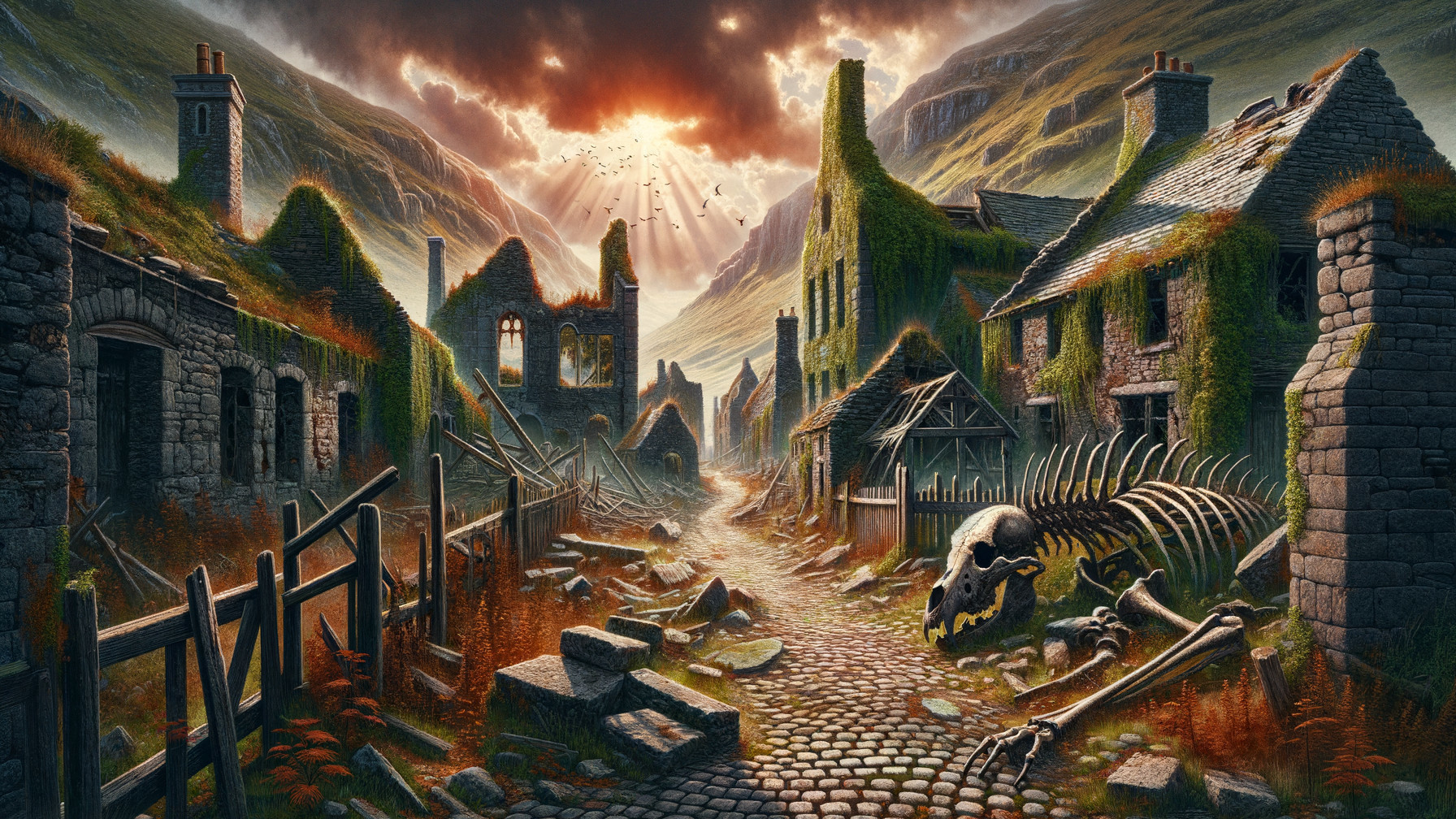 Desolate village with overgrown ruins and remains