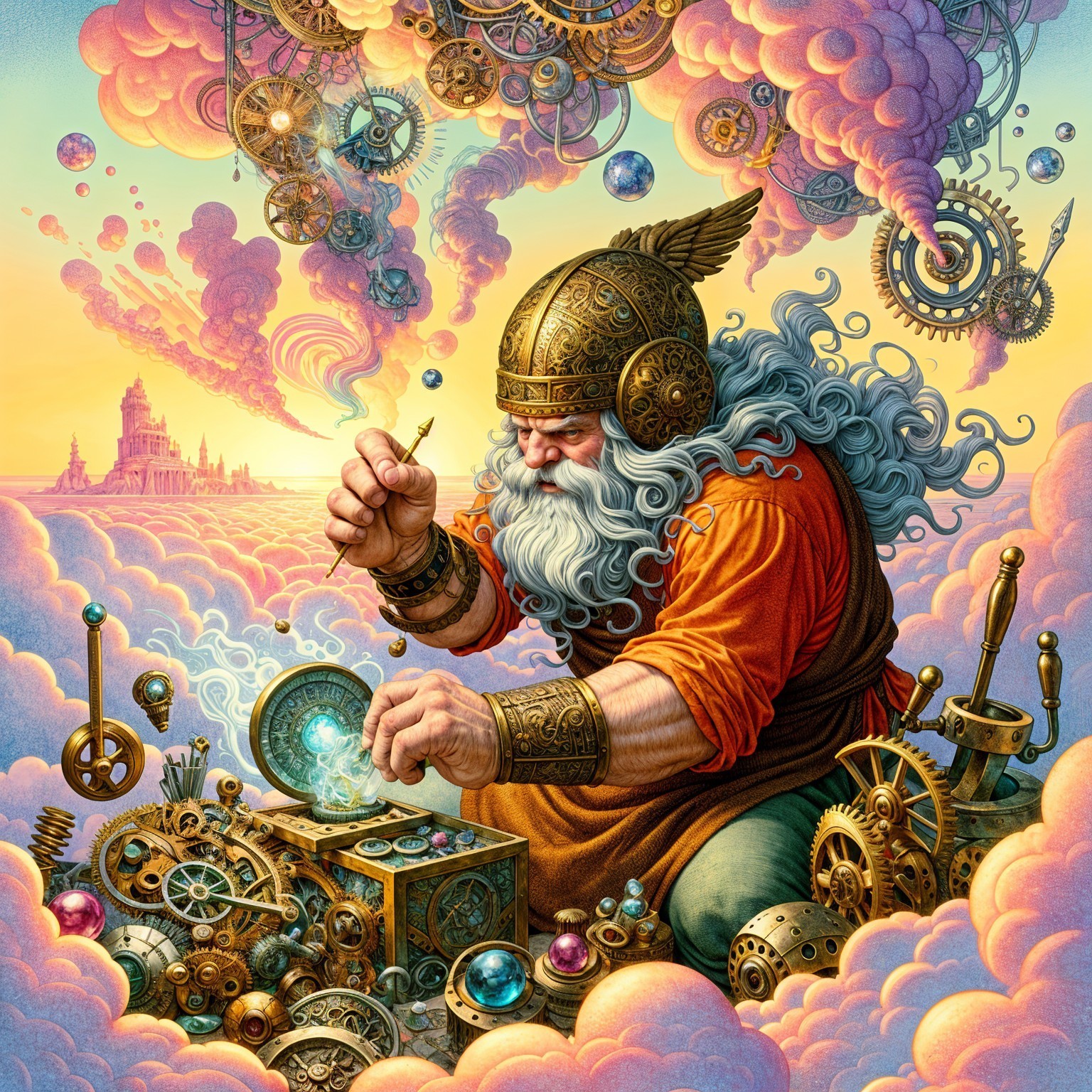 Powerful Figure in Steampunk Fantasy Landscape