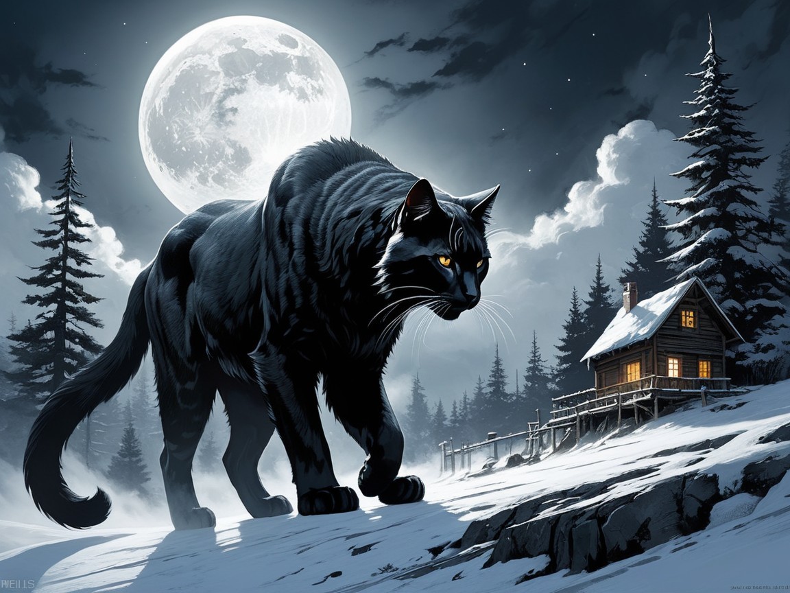 Black Cat in Snowy Landscape Under Full Moon