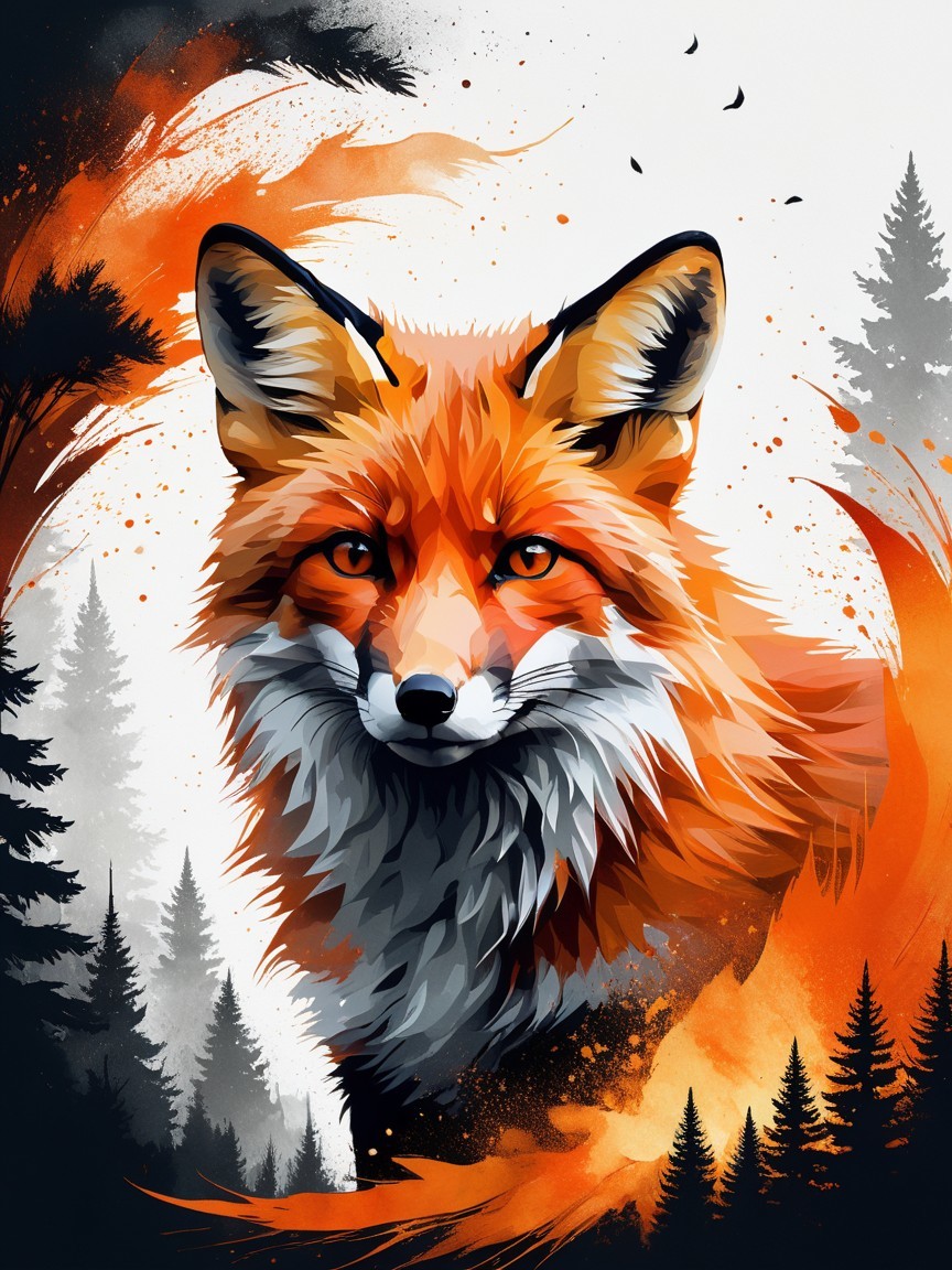 Vibrant Digital Illustration of a Fox with Nature Elements
