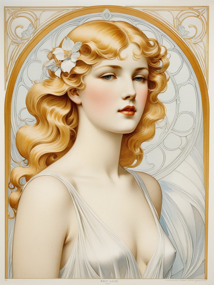 Art Nouveau Portrait of a Young Woman with Flowers