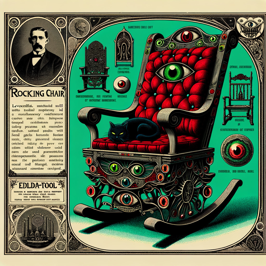 Vintage Rocking Chair with Surreal Designs and Cat