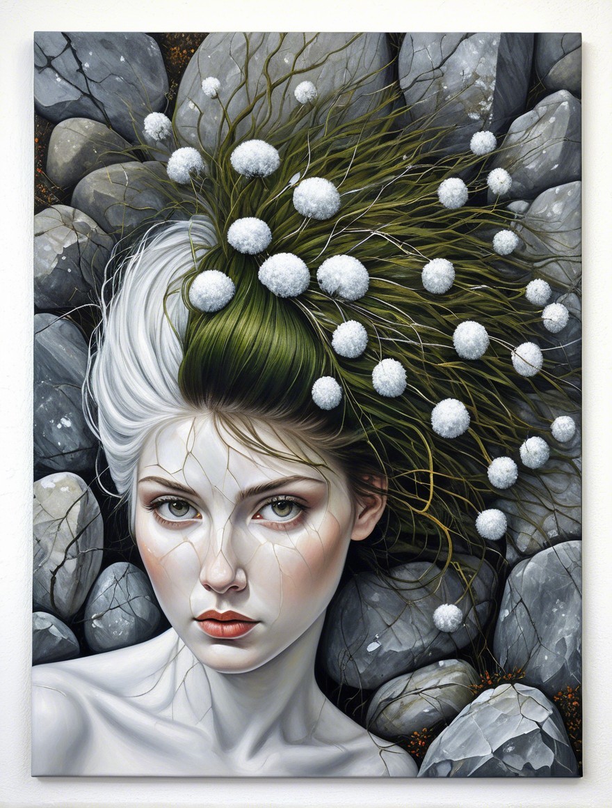 Portrait of a Young Woman with White and Green Hair