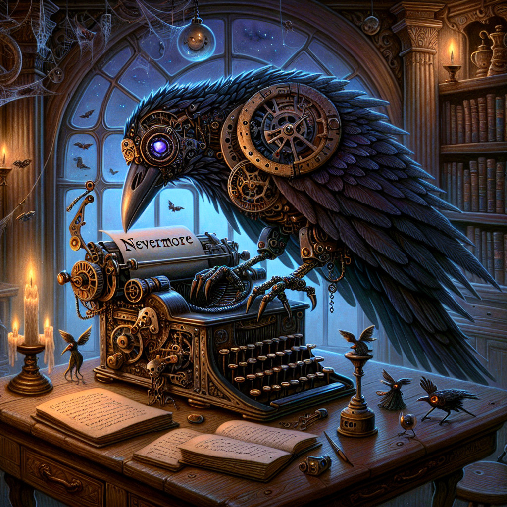 Mechanical Raven on Vintage Typewriter in Dim Room