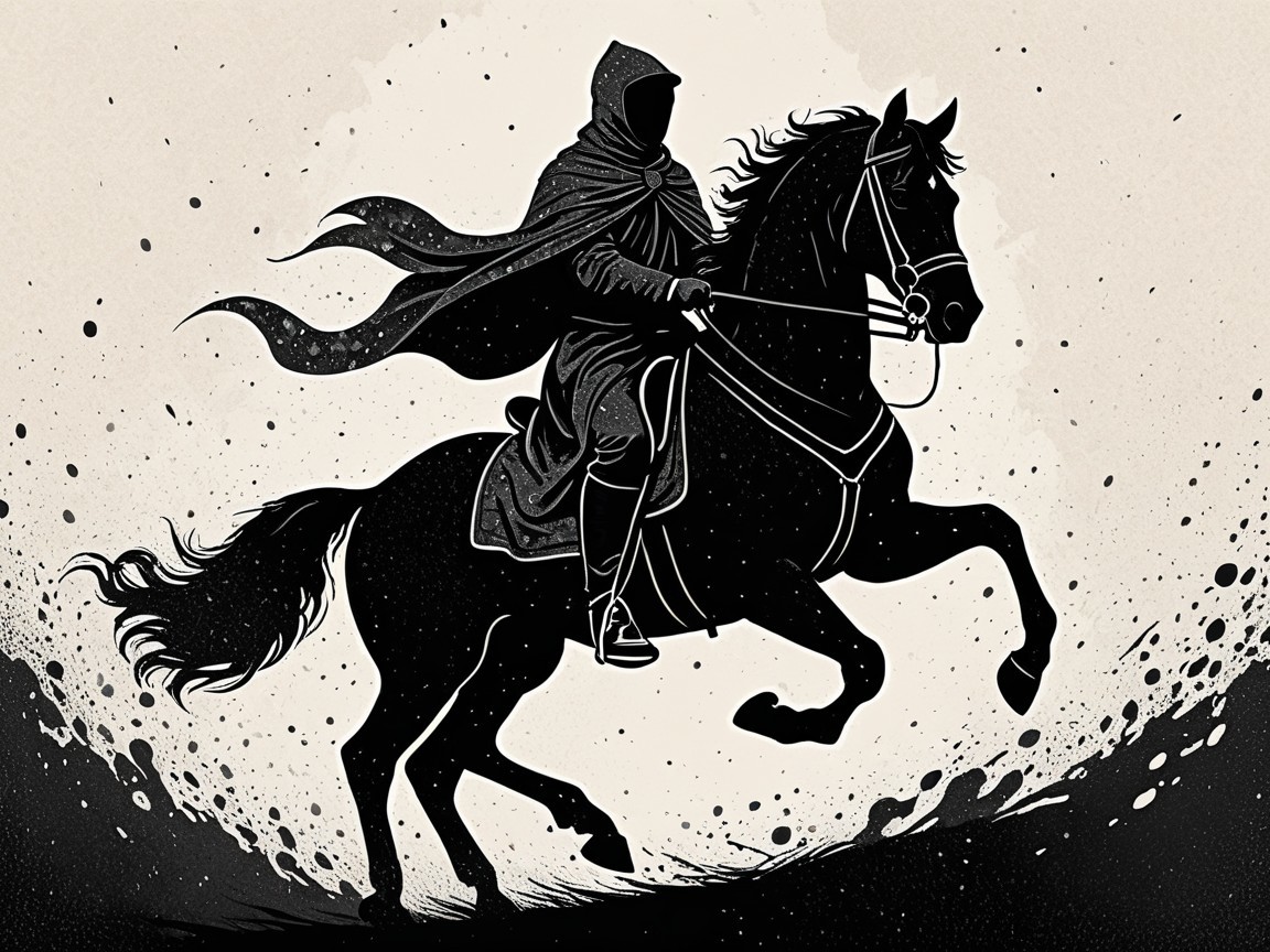 Mysterious Cloaked Rider on a Black Horse in Motion