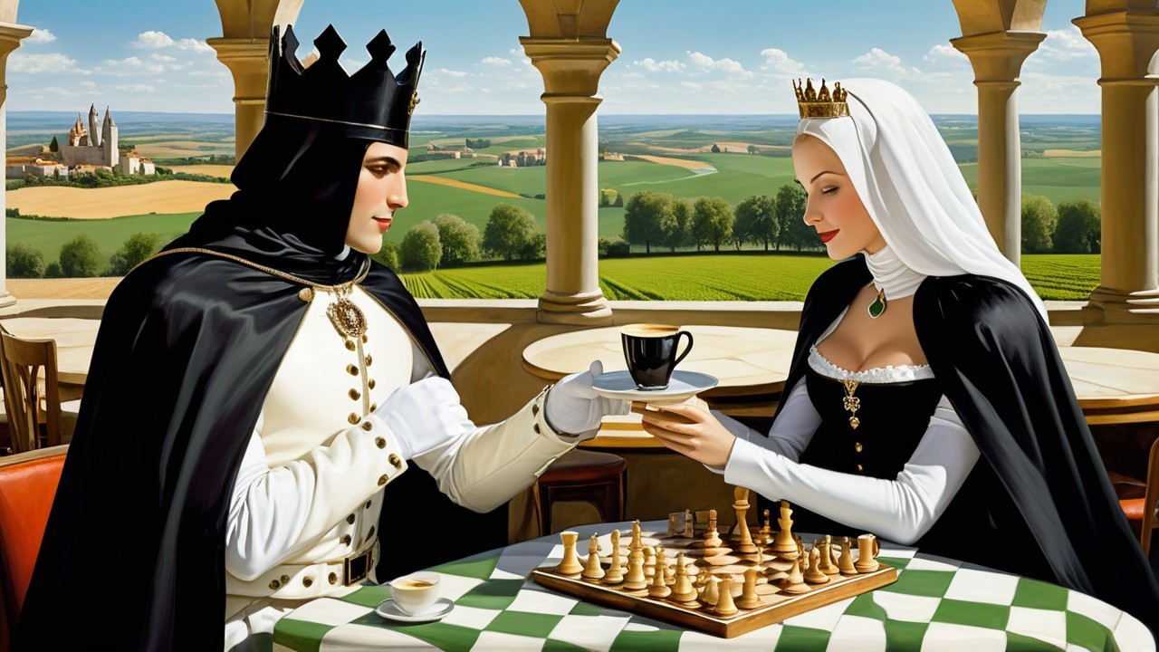 Regal Couple at Elegant Table with Chessboard Setting