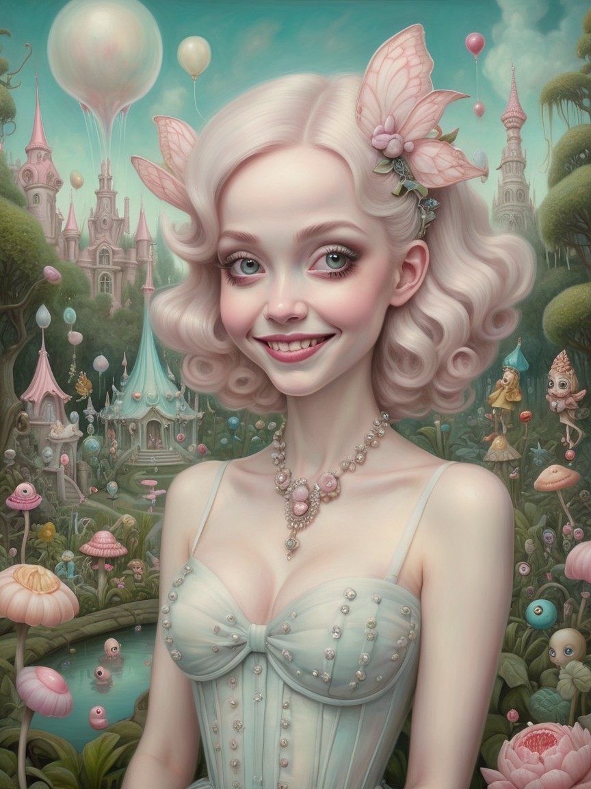 Whimsical Portrait of a Young Woman in Fantasy Landscape