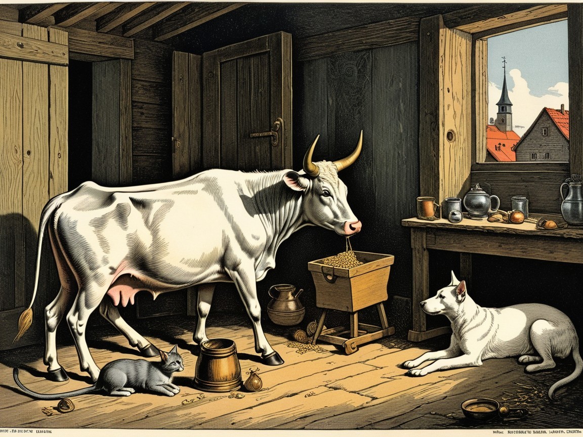 Rustic Barn Scene with Cow, Cat, and Dog