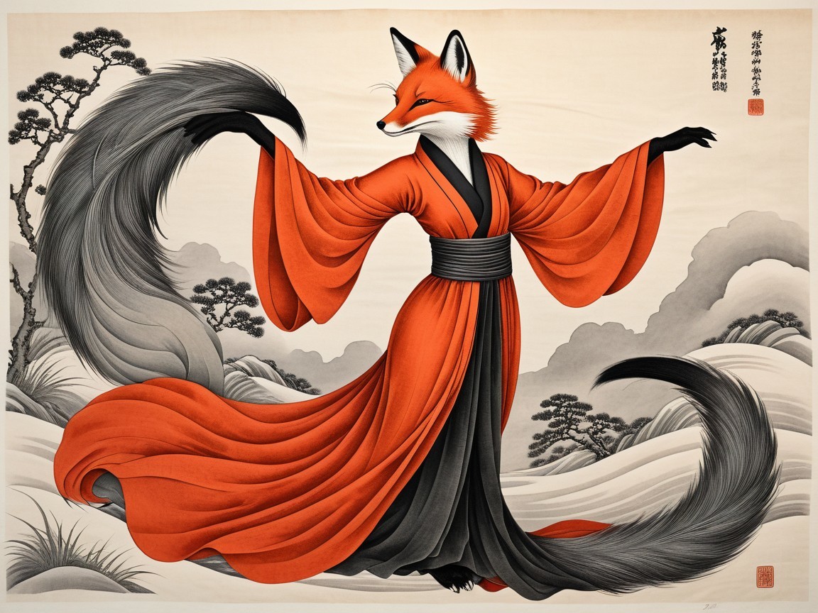 Graceful fox character in vibrant kimono with serene backdrop