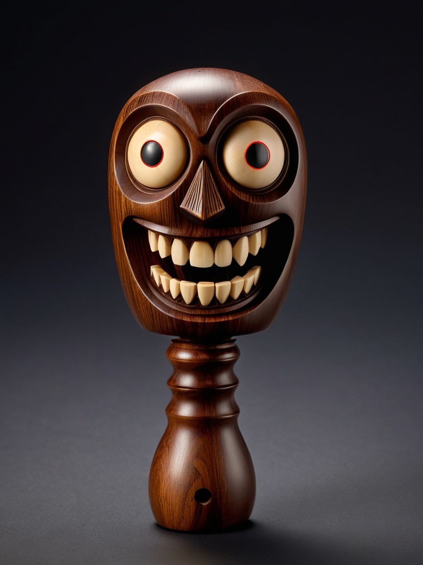 Wooden Mask Figure with Exaggerated Features and Contrast