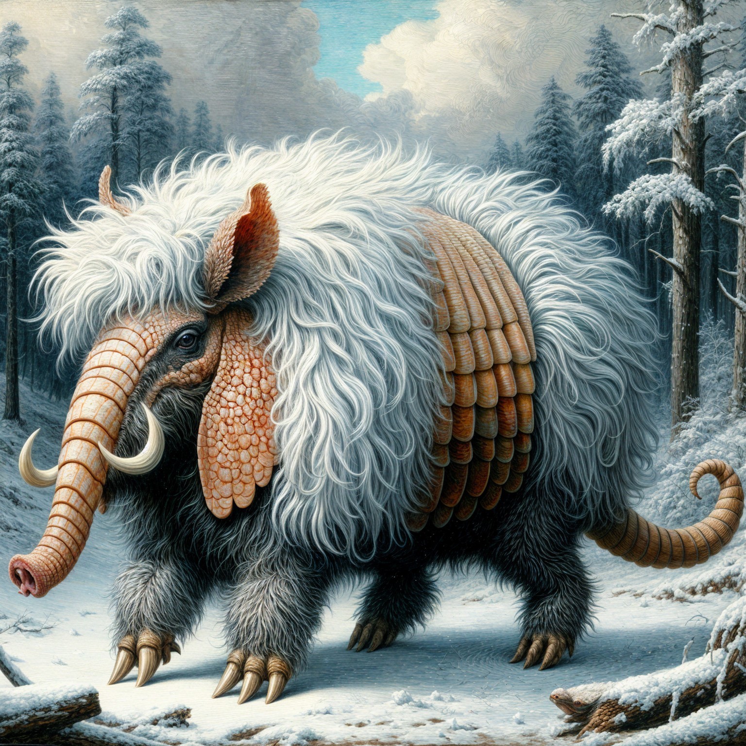 Snowy Forest Creature with Mammoth and Armadillo Traits