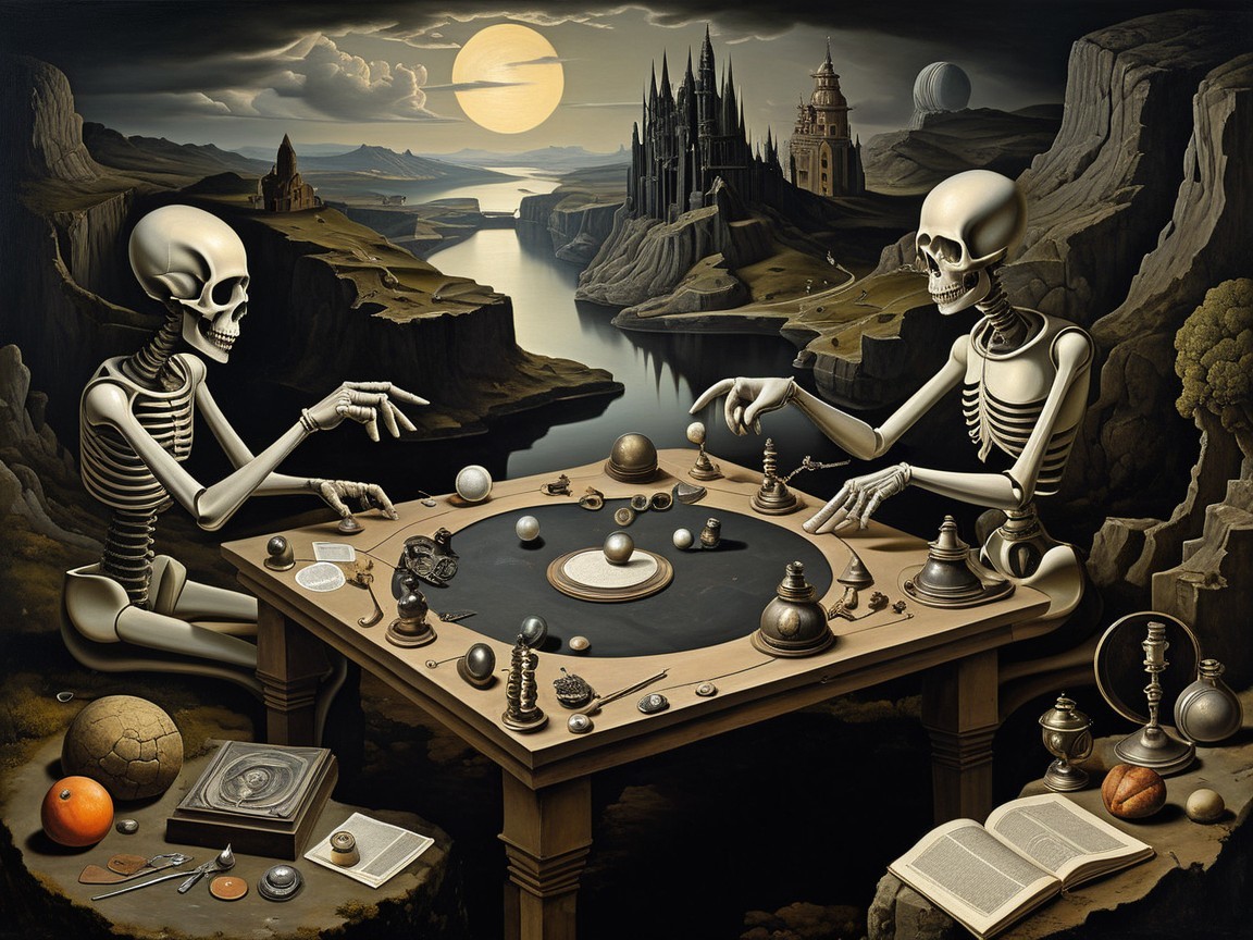 Surreal Scene of Skeletons Playing in Dreamlike Landscape