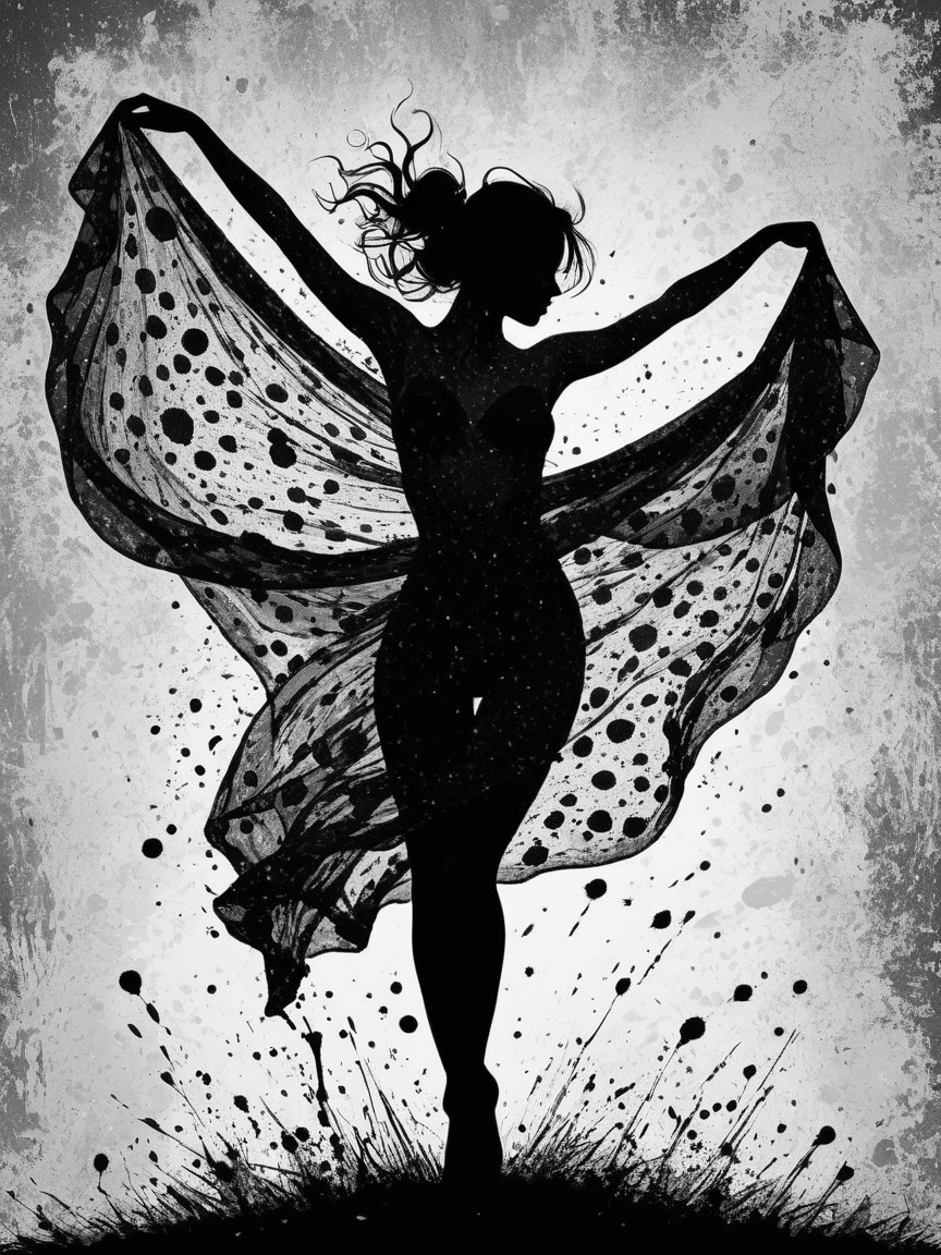 Silhouette of a Woman with Flowing Scarf in Gray Background