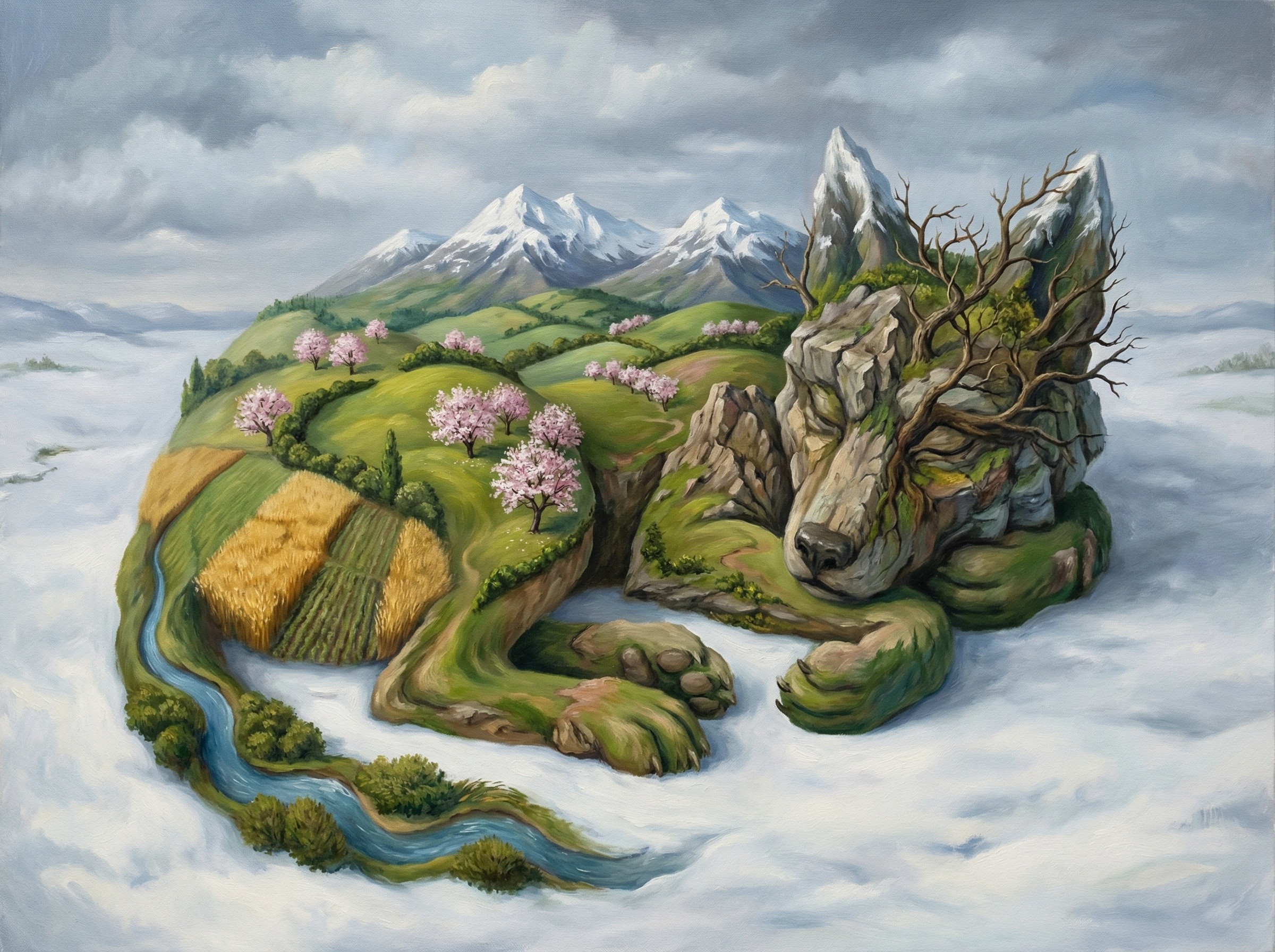 Surreal Painting of a Giant Wolf-Shaped Landscape