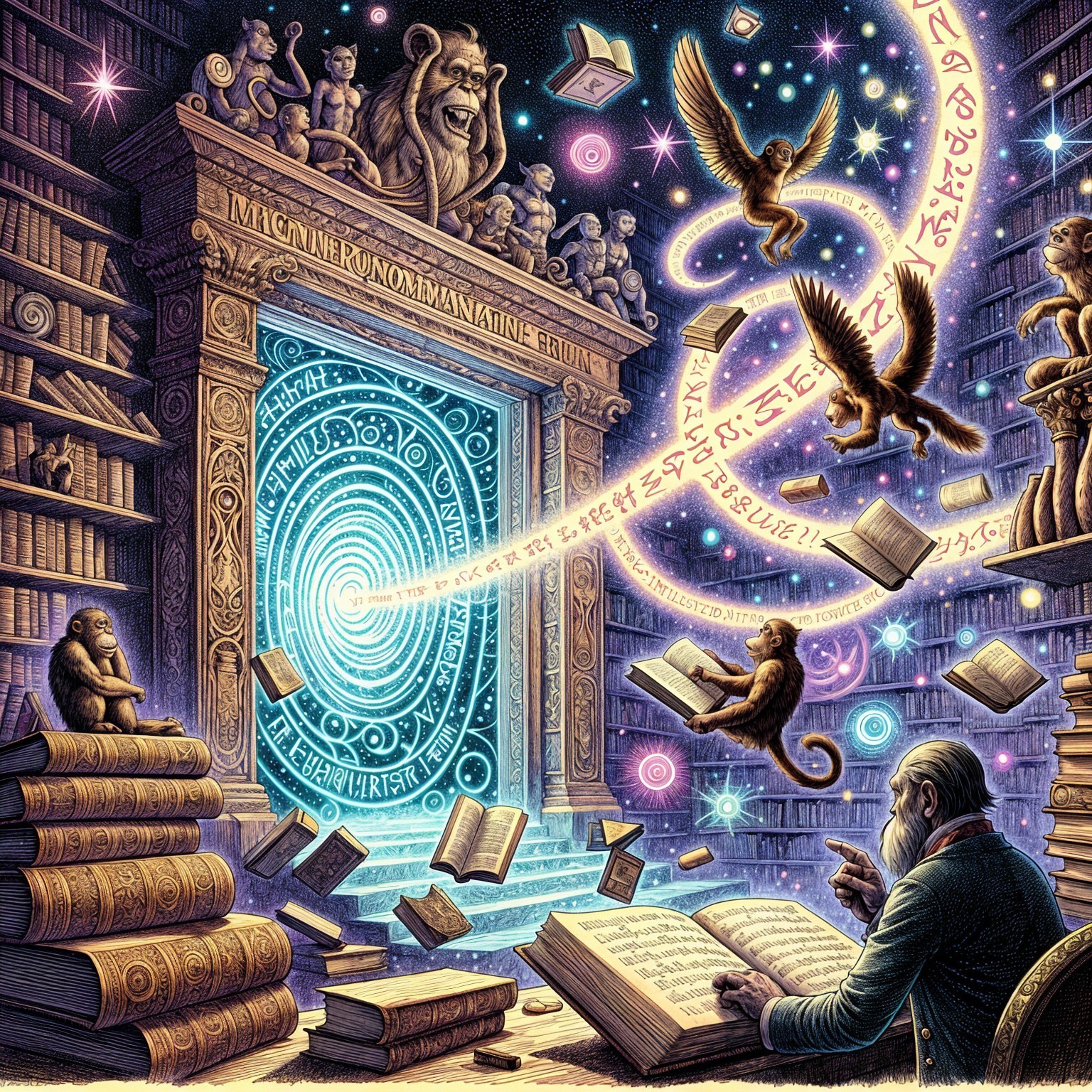 Wise figure at a desk with magical portal and books