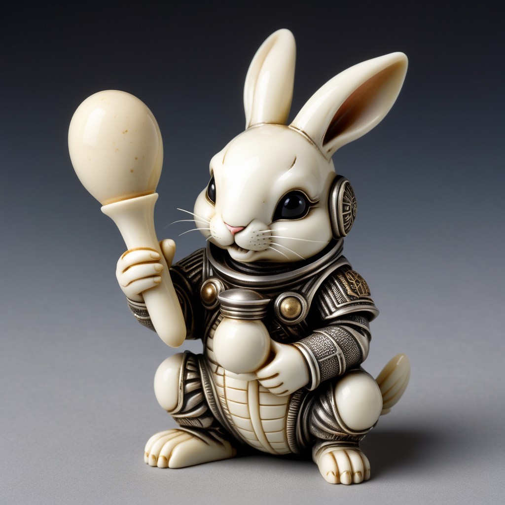 Ivory Rabbit Figurine in Armor with Spoon Detail