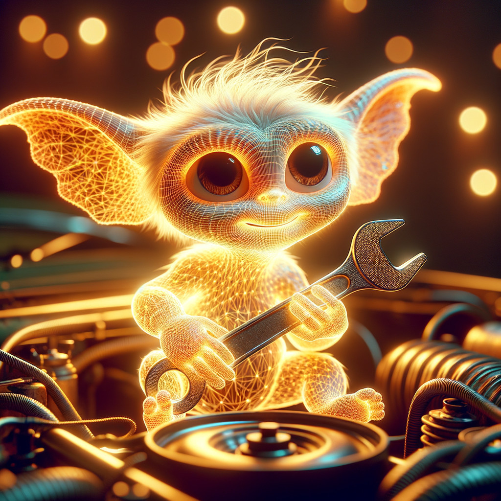 Glowing Creature with Wrench on Car Engine Scene