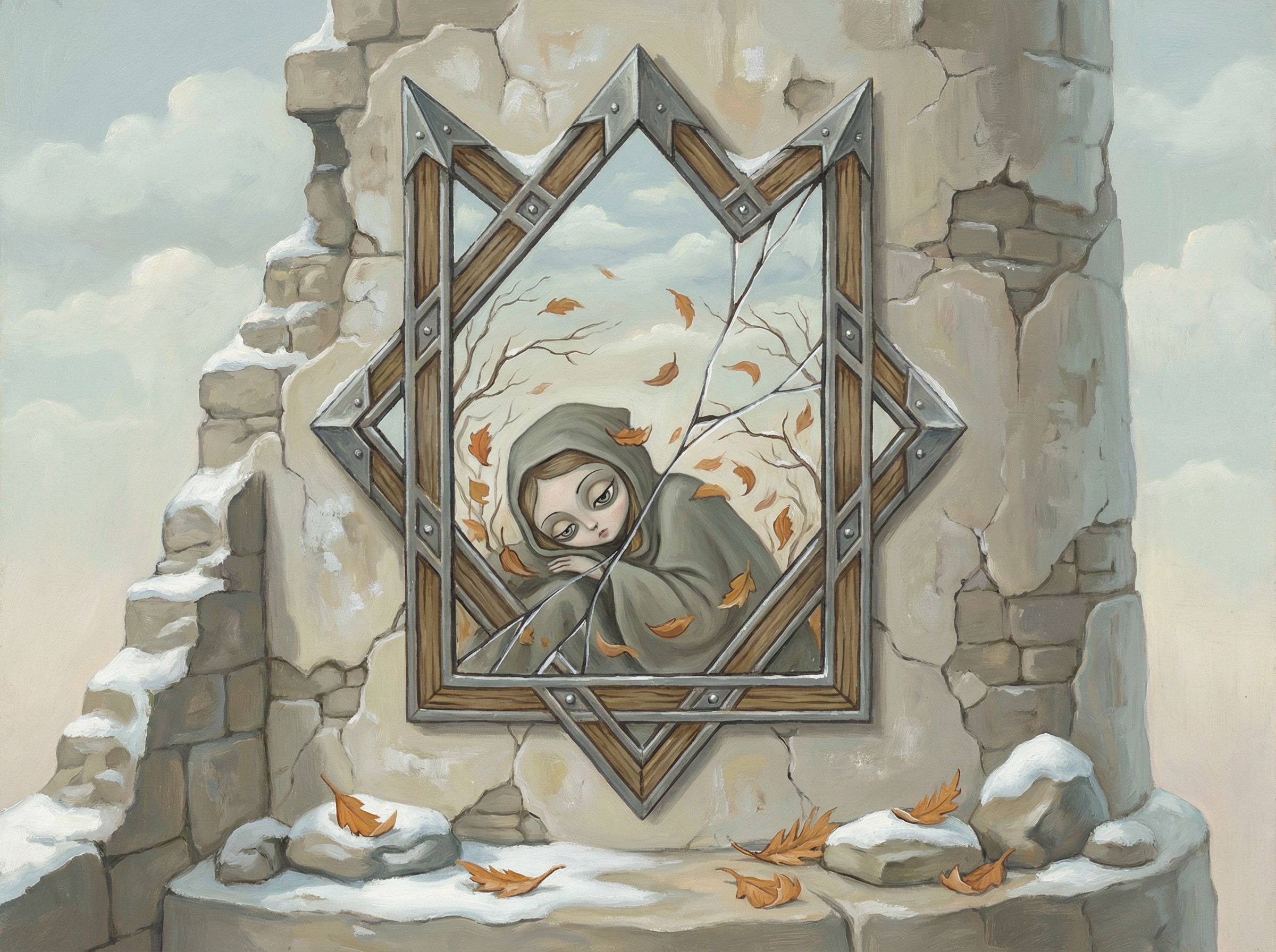Cloaked Figure in a Broken Mirror with Autumn Reflection